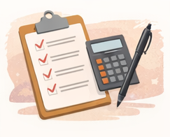 A clipboard with a checklist, a calculator, and a pen placed beside it, symbolizing the organization and planning offered by your expert wedding planner Manchester.