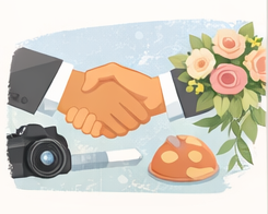 Two people in suits shaking hands near a bouquet of flowers, camera, pen, and round cheese on a table, symbolizing a collaborative agreement—perfect inspiration for bespoke weddings or to discuss plans with Xquisite