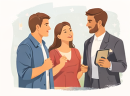 Three people enjoy a friendly conversation. A man in a suit holds a tablet, discussing bespoke weddings with a woman in red and a man in blue—everyone is smiling and engaged, reflecting the spirit of a top wedding planner Manchester offers.