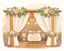 A romantic outdoor dining area with wooden pillars, white drapes, and floral arrangements of pink and white flowers frames a table set for two. Warm lighting creates an inviting atmosphere—perfect inspiration for bespoke weddings by your wedding planner Manchester.