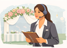 A woman in a suit, wearing a headset and holding a clipboard, stands in front of a decorated wedding arch—perfectly capturing the expertise of a wedding planner Manchester offering bespoke weddings and free consultation.