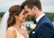 A bride and groom stand close together outdoors, smiling and touching foreheads. The bride wears a white dress and veil, and the groom is in a dark suit with a white rose boutonniere.