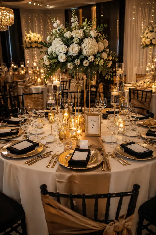 Stylish banquet table décor with candles, flowers, and luxury place settings for weddings and corporate events in Manchester