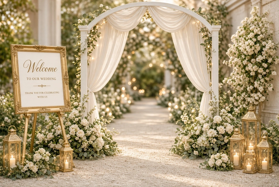 A gold-framed wedding welcome sign on an easel stands next to a white arbor draped in fabric and decorated with white flowers and lanterns.