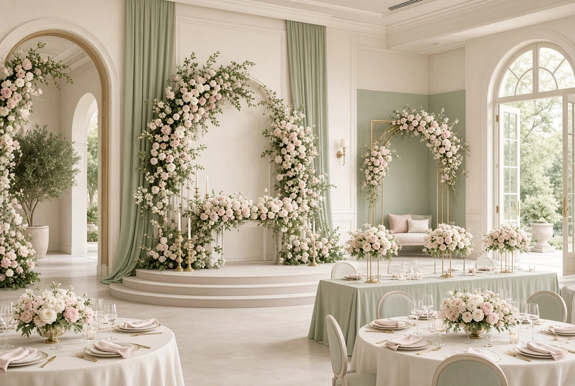 An elegant room featuring professional wedding stage design, with circular tables, floral centerpieces, and large flower-covered arches.