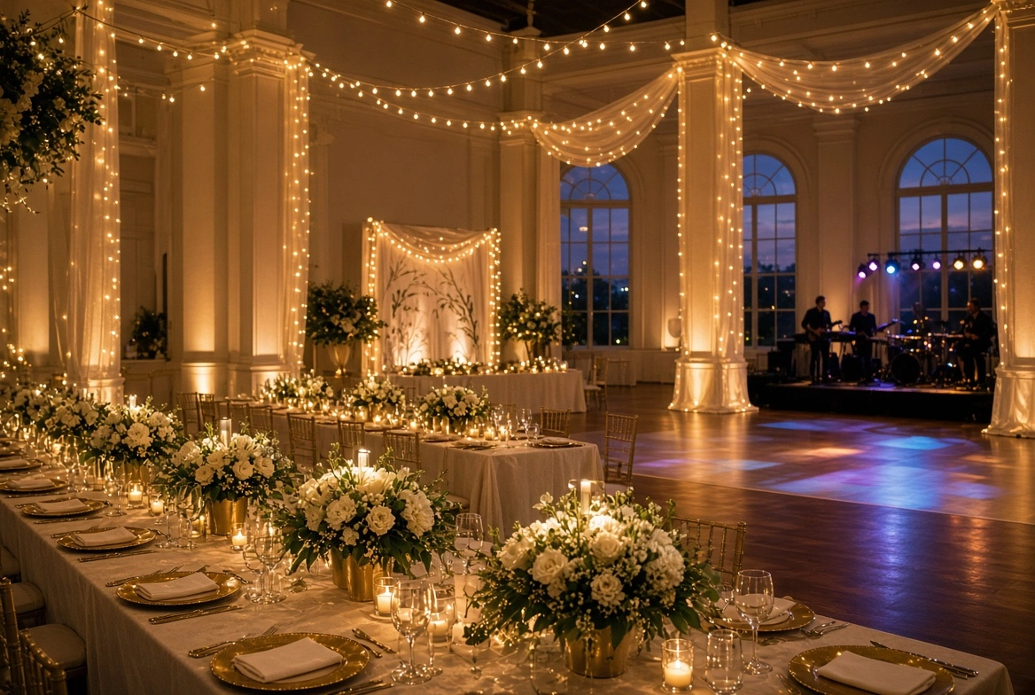 A banquet hall with elegant wedding decor, featuring string lights, long tables with floral centerpieces, and a band performing on a stage.