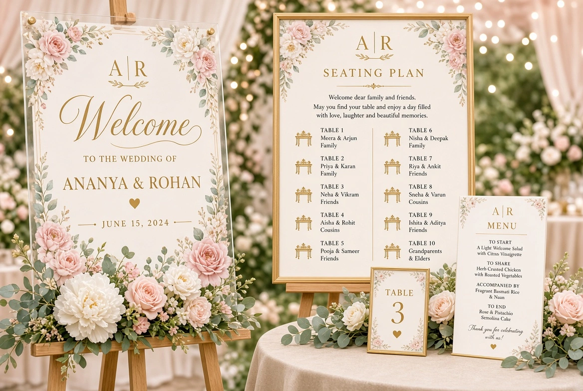 A wedding welcome sign, a seating plan, a table number card, and a menu, all decorated with pink and white flowers and gold text.