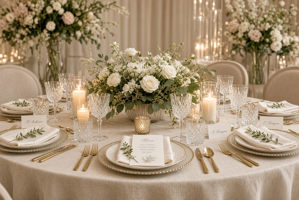 A round wedding table set with white floral centerpieces, lit candles, crystal glassware, gold cutlery, and place cards with names.