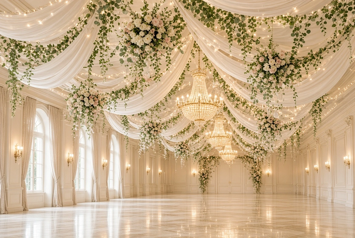 A large, empty ballroom decorated with draped white fabric, hanging eucalyptus greenery, floral arrangements, and glowing crystal chandeliers.