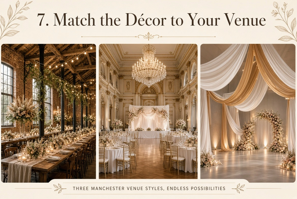 Text reads: 7. Match the Décor to Your Venue above three photos of wedding reception setups and the text THREE MANCHESTER VENUE STYLES, ENDLESS POSSIBILITIES at the bottom.