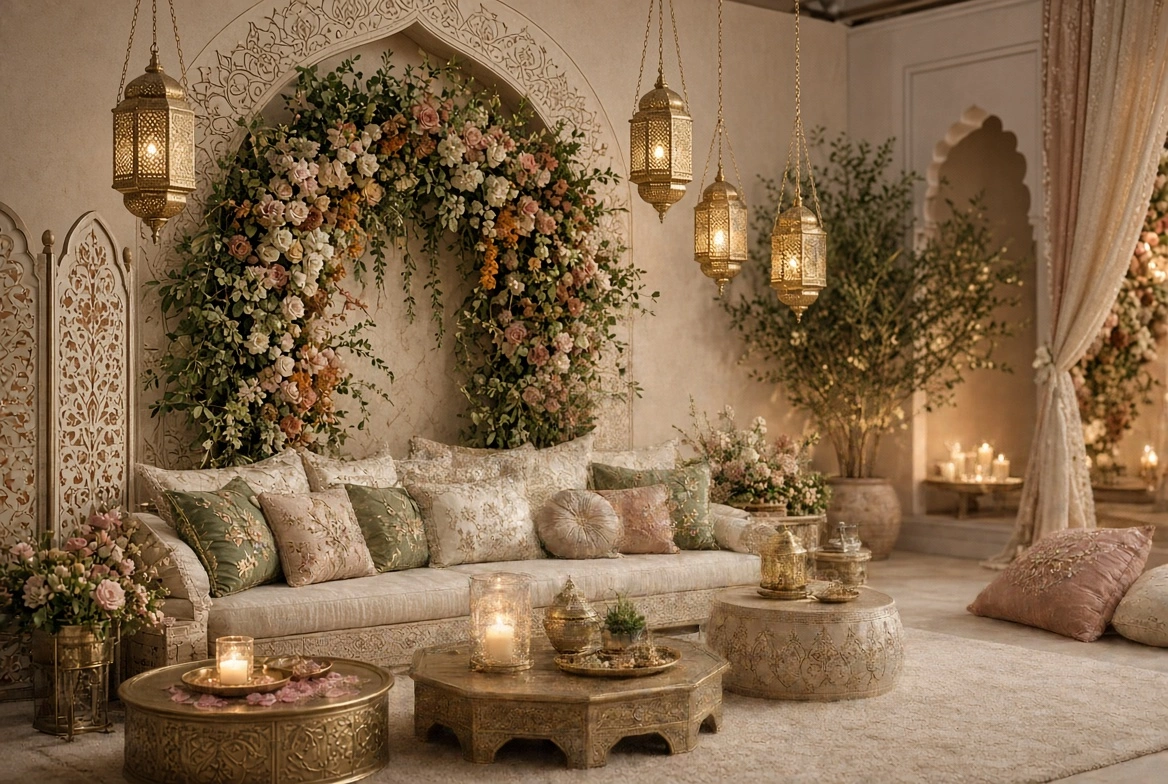 A decorated sofa framed by an arch of flowers, with gold hanging lanterns, low coffee tables, and decorative cushions in an ornate, neutral-toned room.
