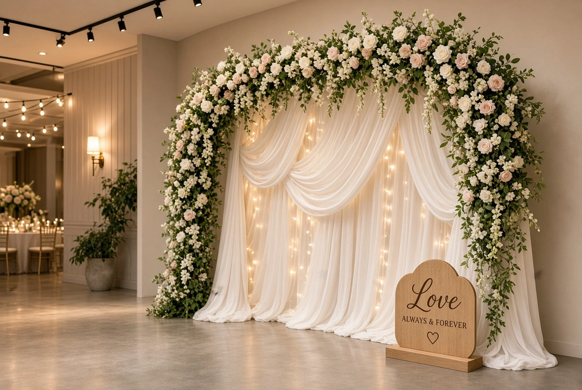 An arched floral display featuring white and pale pink flowers over draped white fabric with fairy lights, next to a wooden sign that reads Love Always &amp; Forever.