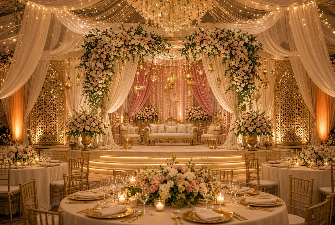 An elegant wedding reception venue for Manchester weddings featuring a central stage with a couch decorated in floral arches, surrounded by round guest tables with gold accents and warm string lighting, showcasing expert venue styling.